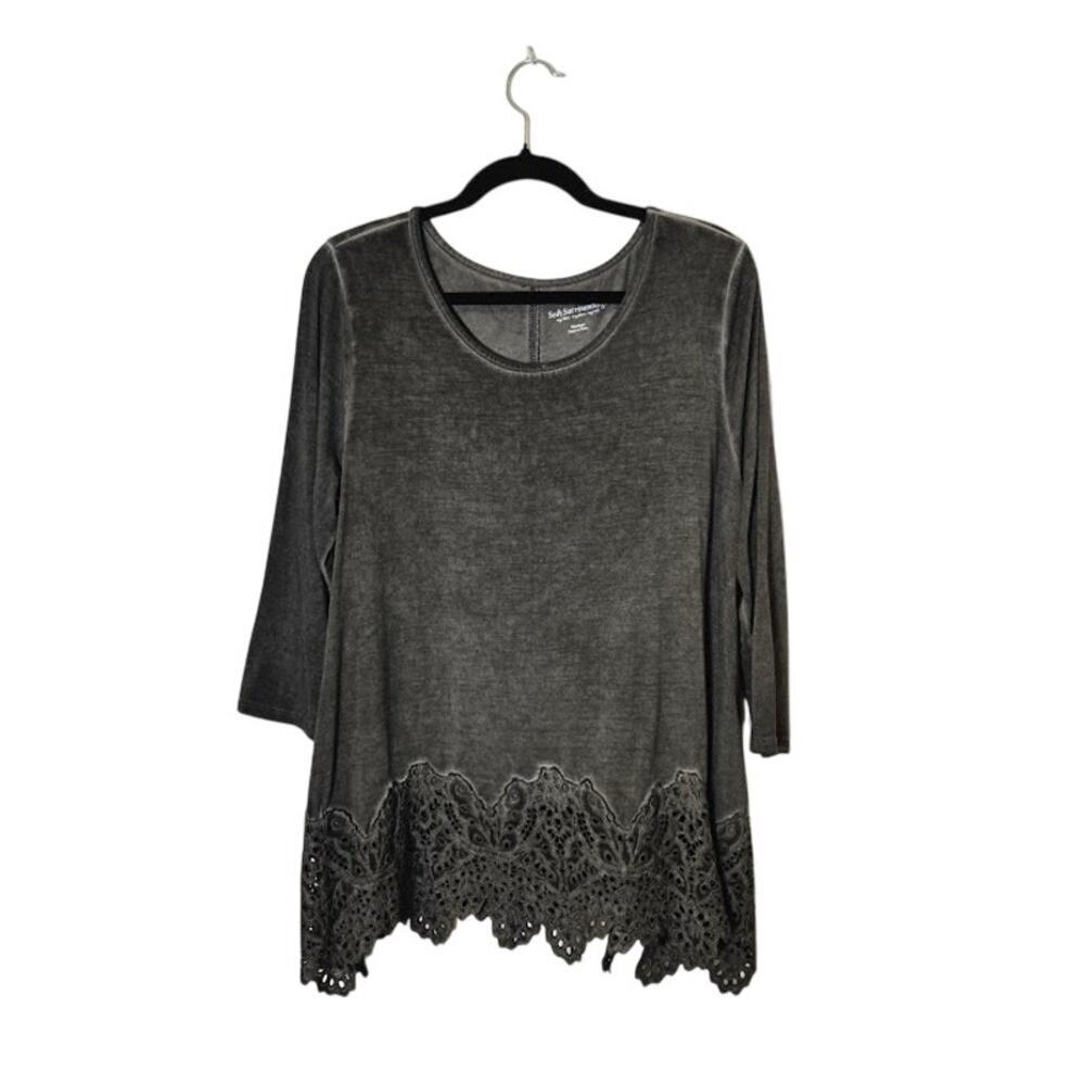 Soft Surroundings Womens Knit Embroidered Top Size Medium Gray Lagenlook Boho